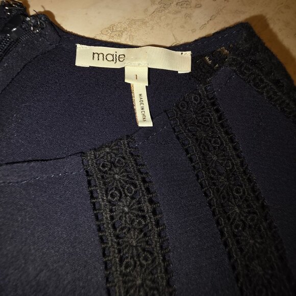 MAJE Navy Blue tiered mini dress w/Black lace trim size 1 - Picture 2 of 4